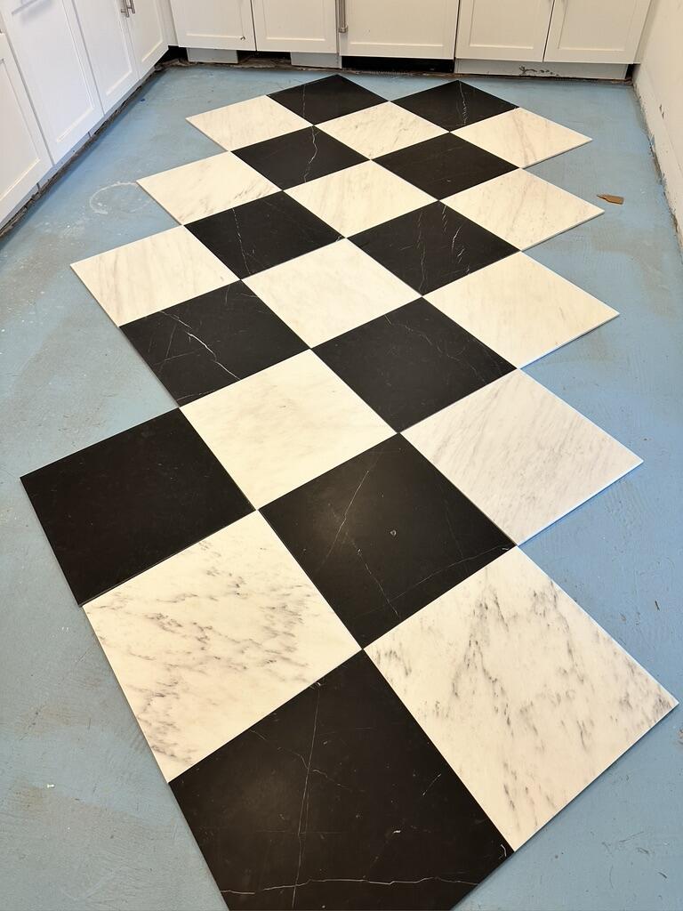 Kitchen Floor Tile — Black & White Marble Checkerboard — completed by FirstLine Build Group in Poughquag, NY